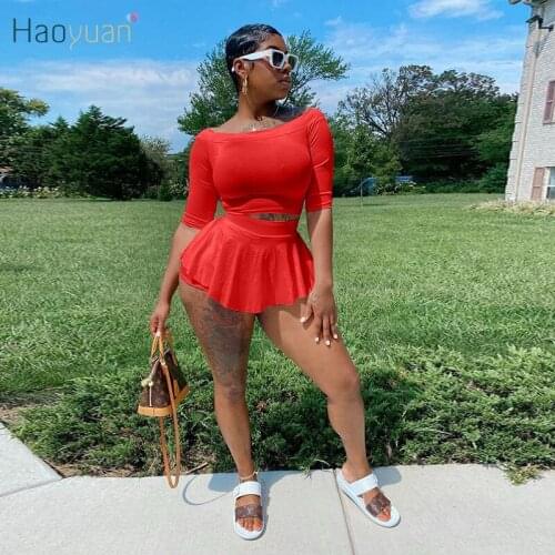 HAOYUAN Plus Size Two Piece Set Crop Top Biker Shorts Mini Skirt Summer Outfits Cute Tracksuit for Women Sexy Club Matching Sets