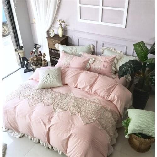 Pink Lotus leaf edge Edge Floral Duvet cover set Princess style Bedding Soft silk King Queen 4pcs size Bed sheet set
