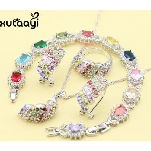Fashion Silver colorcolor Jewelry Sets Multicolor Stones White CZ Superb Necklace Rings Earrings Bracelet For Women Free Box