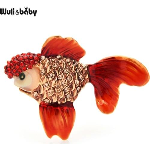 Wuli&baby Wear Red Hat Goldfish Brooches For Women Men New 2-color Rhinestone Enamel Cute Sea Fish Banquet Brooch Pin Gifts
