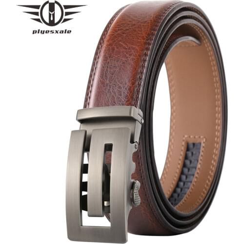 Plyesxale Belts For Men 2022 Luxury Designer Brand Ratchet Buckle Brown Gray Cowhide Waist Strap Male Genuine Leather Belt B678