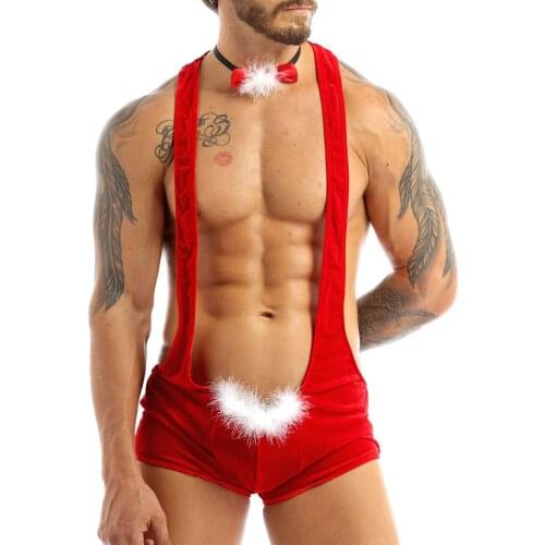 New Men Christmas Bodysuit Role Play Fancy Game Wear With Bowtie Festival Gay Clothing Hot Club Wear Jumpsuit Lingerie Set