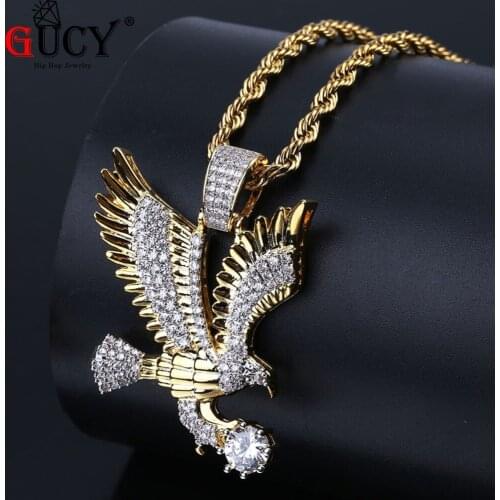 GUCY Hip Hop Eagle Pendant Necklace Gold Color Plated Copper All Iced Out Micro Paved CZ Stones Mens Charm Jewelry Gift