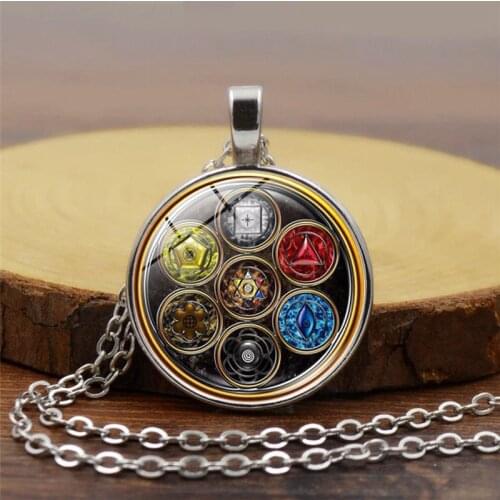 Vintage 7 Chakra Art Symbol Necklace Yoga Reiki Healing Balance Creative Pattern Glass Dome Buddhism Jewelry Accessories