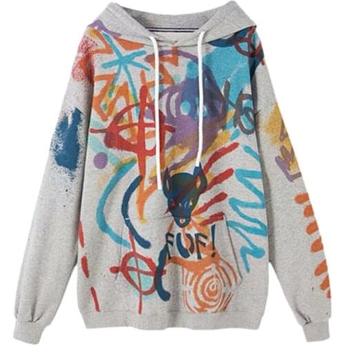 PERHAPS U Women Gray Graffiti Letter Print Hoodies Pullovers Loose High Street H0097