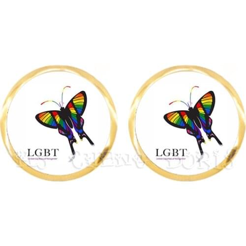 Butterfly Rainbow Earrings For LGBT Glass Dome Gay And Lesbian Pride Jewelry Parade Demonstration Stud Earrings For Women Men