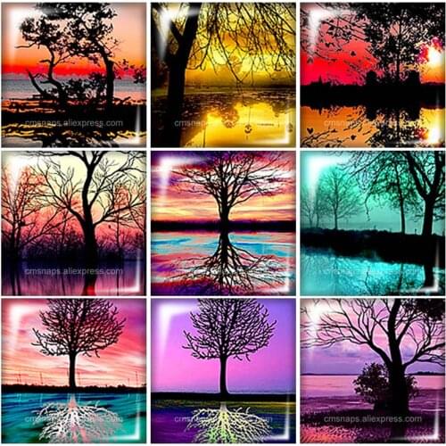 FB0318 Trees in the lake beauty 10pcs mixed 12mm/20mm/25mm/30mm Square photo glass cabochon demo flat back Making findings