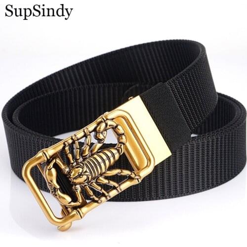 SupSindy Man nylon belt luxury gold Scorpion metal automatic buckle Canvas Belts for men casual jeans Waistband black male strap