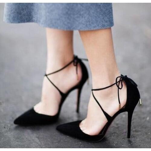 Fashion Orange Red Suede Leather Women Pointed Toe Pumps Ankle Lace Up Ladies High Heels Elegant Style Female Sexy Dress Shoes