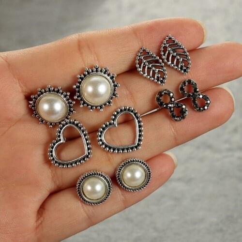 Assorted 5paris per set Vintage Style Pearls Heart Leaf and Infinity Stud Earring Pack