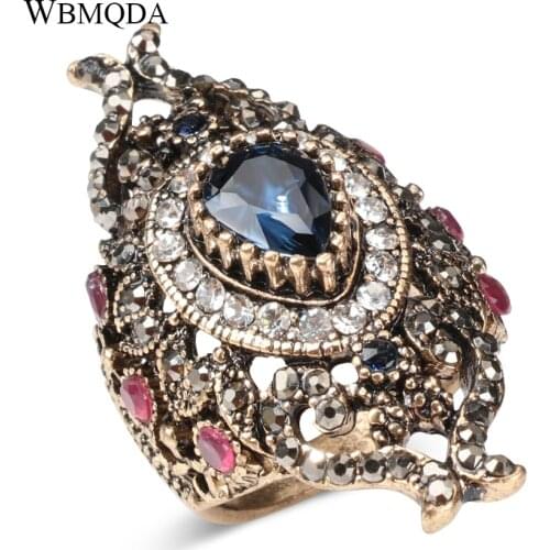 Wbmqda Luxury Turkish Rings For Women Vintage Rhinestone Jewelry Big Blue Crystal Flower Ring Bohemian Jewelry Free Shipping