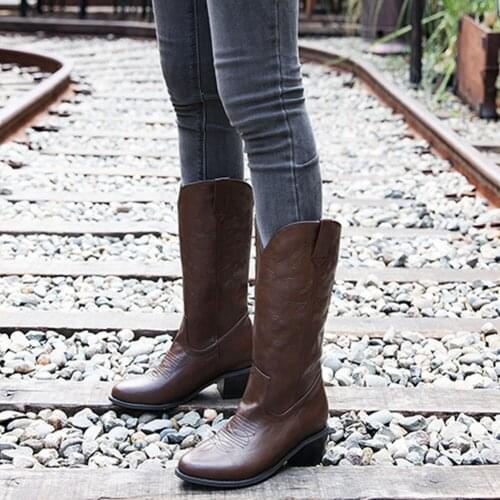 SARAIRIS mid-calf Concise Square Heel Round Toe Fashion Women Shoes Modern Big Size 49 mid-calf Western Boots