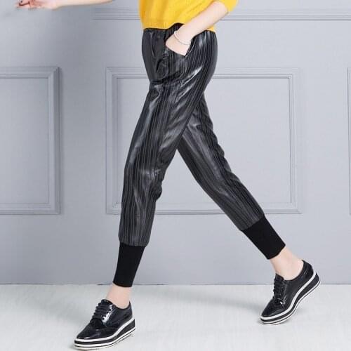 High Street Real Leather Trousers Female Luxury Slim Fit High Waist Printed Sheepskin Pencil Pants Casual Harem Pants Plus Size