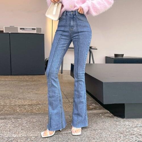 Spring Autumn 2021 New Classic Womens Jeans Mid Waist Denim Flare Pants Retro Washed Streetwear Patchwork Trousers Female