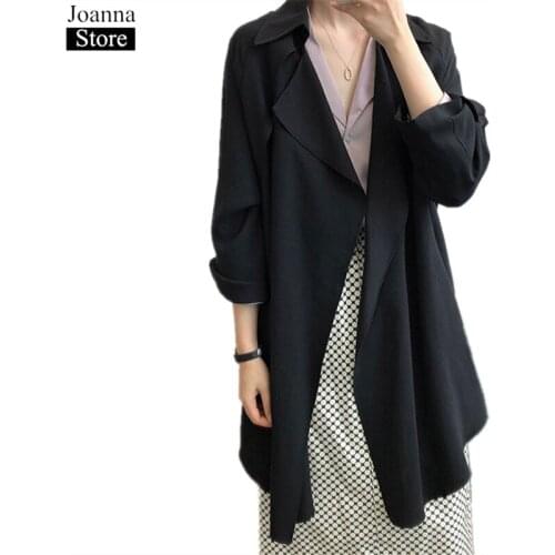 Spring New Long Trench Coat Women Lapel Long Sleeve Pockets Belt Elegant Windbreaker Autumn Black Plus Size Loose Clothes Female