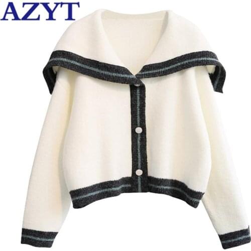 AZYT Navy Style Turn Down Collar Knit Sweater Womens Cardigan Harajuku Loose Outwear Knit Cardigan Coat Female Casual Knitshirt