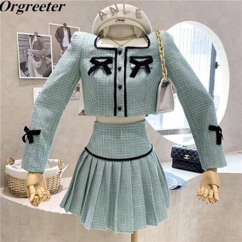 High Quality Fall Winter Tweed Two Piece Set Women Sweet Bowknot Crop Top Jacket Coat + Mini Pleated Skirt Suits Ensemble Femme