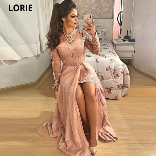 LORIE Dusty Rose Beading Evening Dresses for Women Satin Prom Party Gowns Mermaid O-neck Long Sleeve Remove Skirt Custom Made