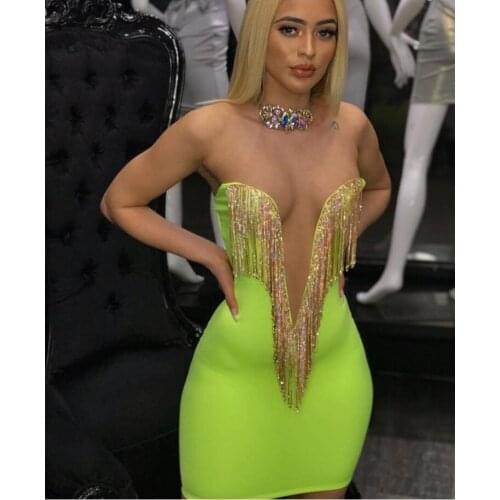 Summer 2019 New Arrival Sexy Light Green Dress Beading Clothing Spaghetti Strap Mini Great Birthday Dress Women Bandage Dresses