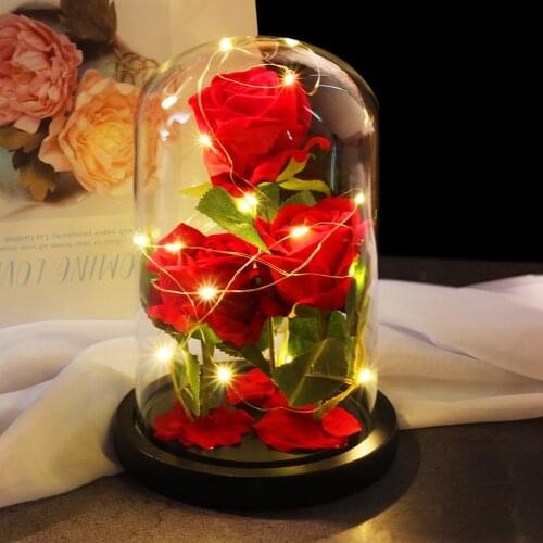 3 Three Eternal Rose Artificial Flower In Dome Glass Wooden Base For Wedding Deco LED Rose Lamps Valentines Day Christmas Gifts