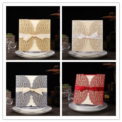 50pcs/set free envelop and free seal embossing laser cut invitation Navy blue and ivory