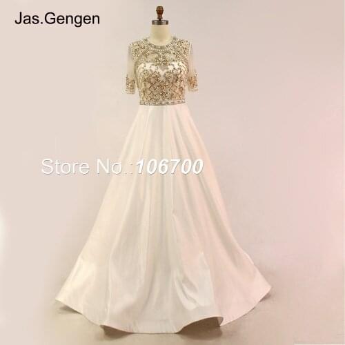 Ball Gown Long vestidos de fiesta Prom Dresses Half Sleeves O Neck Open Back Hand Make Beading Sheer Illusion Evening Gowns New