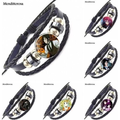 Black Leather Bracelet Bangle Glass Cabochon Jewelry For Women Gifts Boy Kuroshitsuji Ciel Phantomhive Sebastian Grell Madame