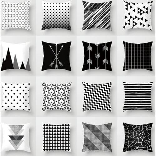 Geometric Cushion Cover Black and White Polyester Throw Pillow Case Striped Dotted Grid Triangular Geometric Art Cushion Cover