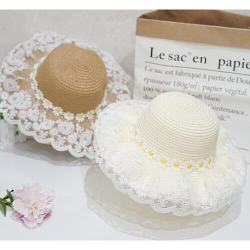 Toddler Kids Girls Boho Straw Hat Daisy Print Lace Sunhats Outfits 2-8Y For Baby GirLs Baby Boy Daily Dress Kids Hats Caps