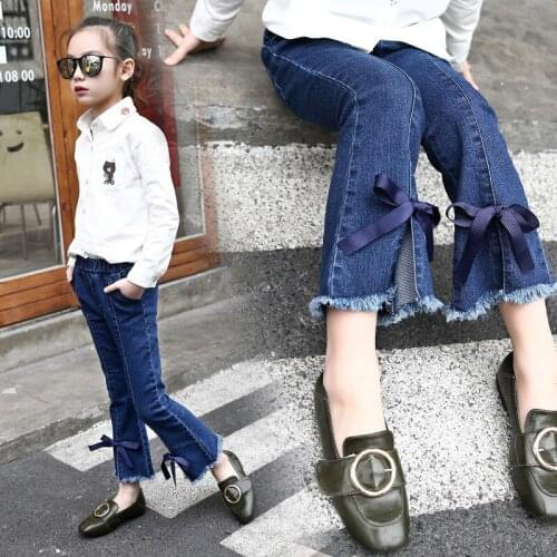 Girls jeans 2020 new spring and autumn childrens clothing big kids trousers foot ribbon bow 3-12 childrens pants
