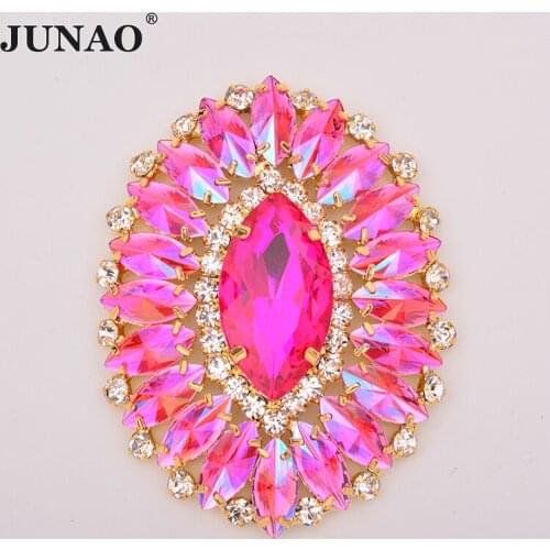 JUNAO 54x70mm Sewing Rose AB Crystal Gold Claw Rhinestones Glass Diamond Clothes Applique Big Flower Strass for Dress Crafts