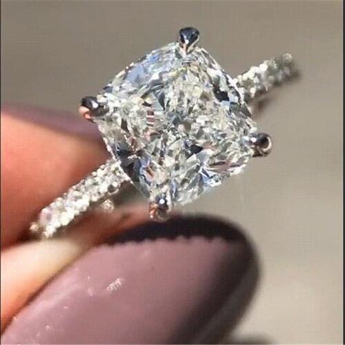 Real Silver color Diamond ring Cushion cut Gemstone Engagement wedding band rings for women men Statement Party Jewelry