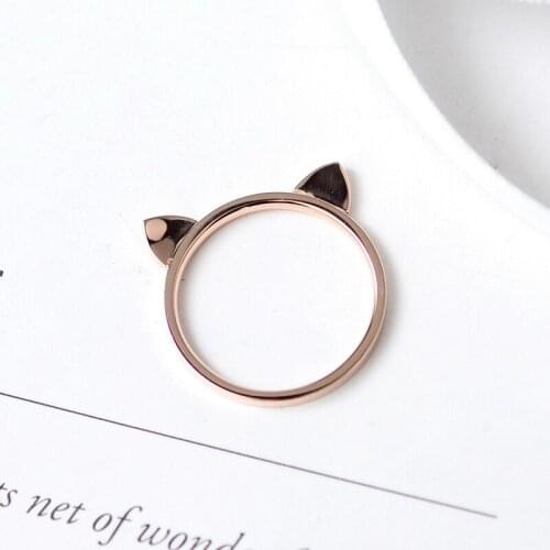 YUN RUO Yellow Rose Gold Color Cat Ears Finger Ring for Woman Girl Birthday Gift Wedding Jewelry 316L Stainless Steel Never Fade