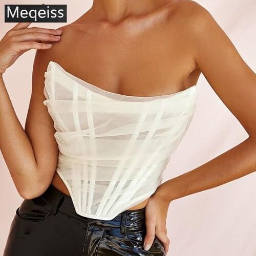 Meqeiss 2020 New Summer Sleeveless Fashion Strapless Bustier Corset Crop Tops Female Mesh Backless White Women Tops Zipper