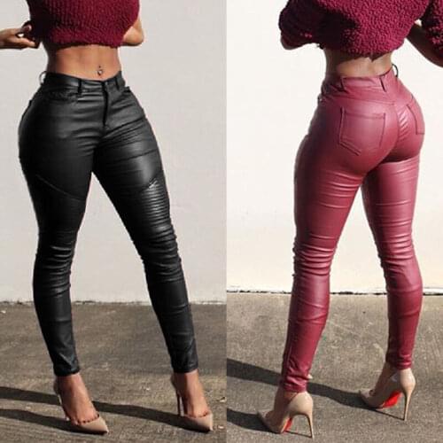 Fashion Sexy Women Slim Leather Pants Skinny Stretchy Pencil Pants High Waist Pants PU Leggings