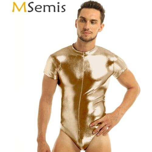Mens Hot Shiny Patent Leather Bodysuit Short Sleeves Zippered Thong Leotard Bodysuit Holographic Wet Look High Cut Latex Catsuit