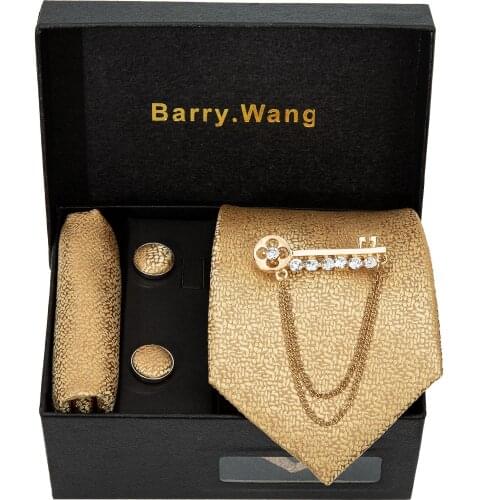 New Mens Wedding Tie Gold Paisley Silk Tie Hanky Set Barry.Wang Jacquard Woven Fashion Designer Neck Ties For Men Party