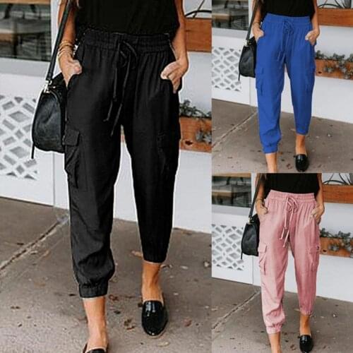 Elastic Waist Solid Color Women Trousers Thin Multi-pockets Ankle Banded Drawstring Long Pants Ladies Clothing