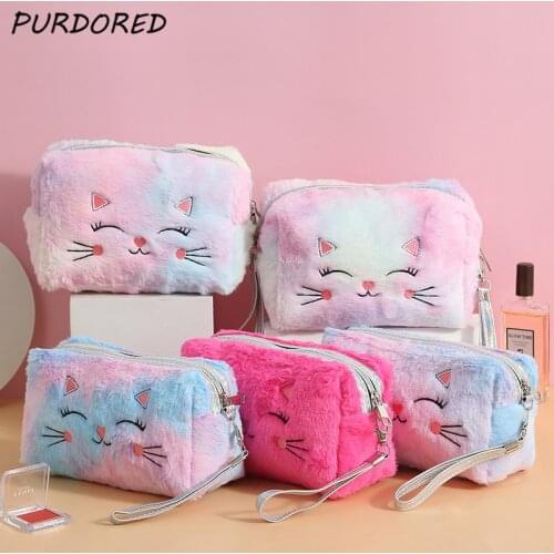 PURDORED 1 Pc Fur Cat Cosmetic Bag for Women Plush Girl Makeup Bag Female Beauty Case Travel Portable Toiletry Makeup Case Bag