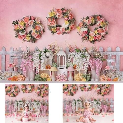 Child Cake Smash Backdrop Floral Garden Newborn Photography Baby 1st Birthday Pink Rose Girl Photo Studio Background Vinyl