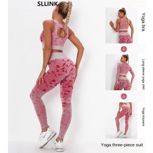 Net red high-end seamless knit yoga wear fitness suit outdoor fast dry striped camouflage yoga pants three sets