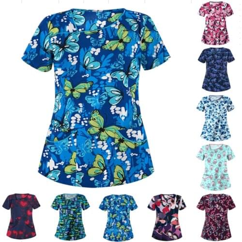 Women Printed Nursing Scrubs Tops V-neck Two Pocket Nurse Uniform Women Fashion T Shirt Casual Short Sleeve Women Clothes