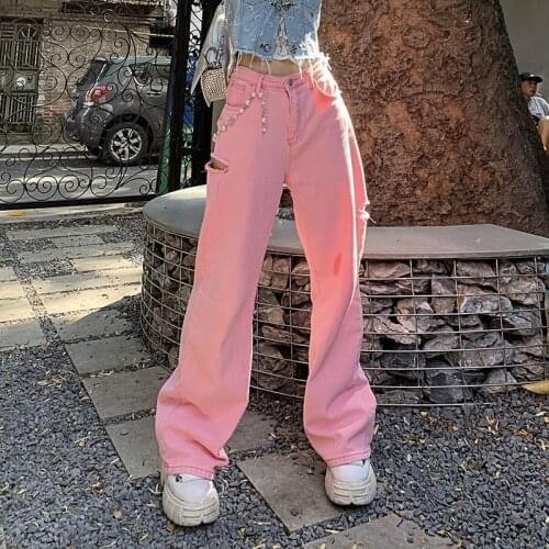 Side Hole Denim Wide Leg Pants Women Loose Summer 2021 New High Waist Straight Long Pants