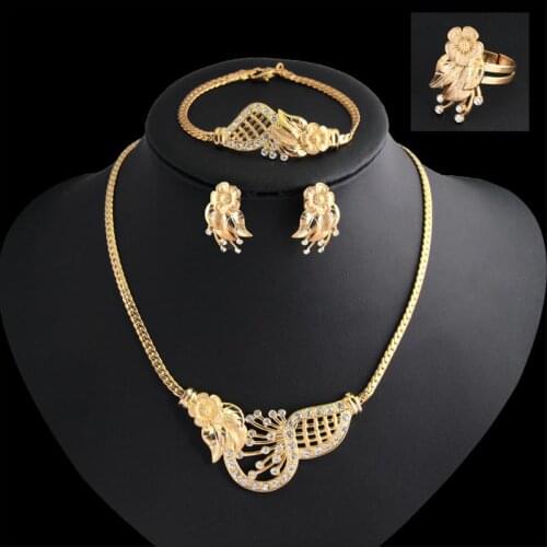 Vintage Pretty Rhinestone Flower Necklace Earring Bracelet Ring Set For Women 4-Piece Jewelry Set