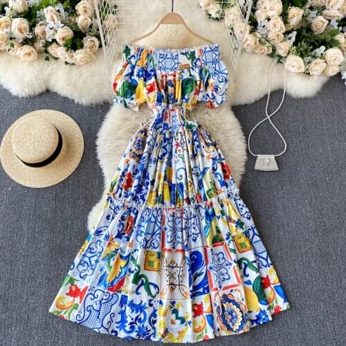 New Summer Women Sexy Slash Neck Off Shoulder Slim Long Dress High Quality Vintage Blue and white porcelain Print Runway Dress