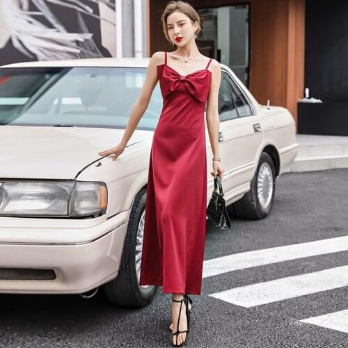 Women Spaghetti Strap Dress Sexy Big bow-knot Solid Slim Lady Fashion Banquet party Dress Summer New long Dresses sexy dress