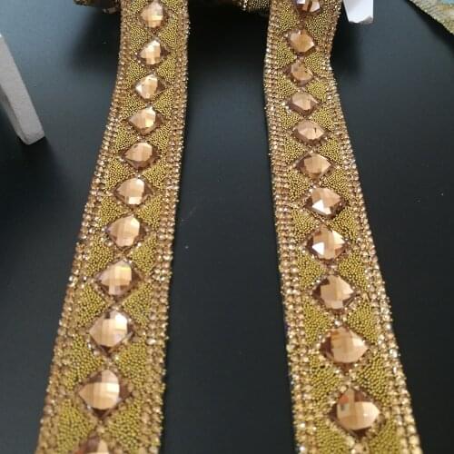 20CM Gold lace strass crystal Hot Fix Glitter dress Rhinestones Motifs Ribbon iron on patches applique hotfix