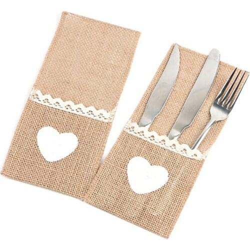 1pcs Cutlery Bag Jute Bags Lace Burlap Hessian Bag Fork Knife Spoon Holder Wedding Tableware Pouch Party Supplies Sack 11x21cm