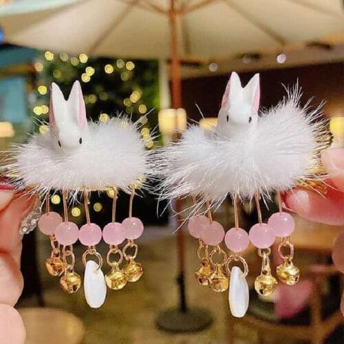 2PCS Acrylic Mini Rabbit Little Girl Hairpin Chinese Style Plush Tassel Sweet Bells Child Hair Grips Childrens series HeadWear