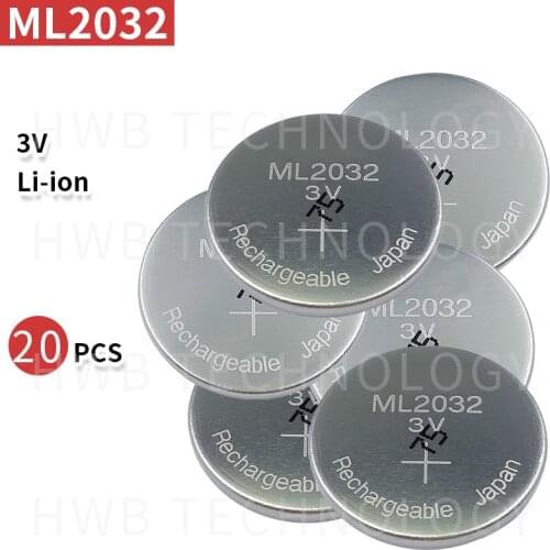 20PC New Original ML2032 3V Rechargeable lithium battery button cell button batteries (ML2032)